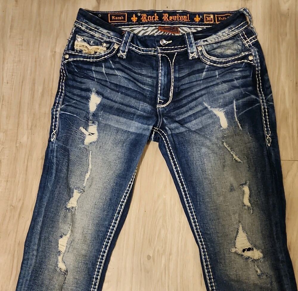Rock Revival Karah Women's Skinny Blue Denim Jeans Rhinestone Distressed Size 32